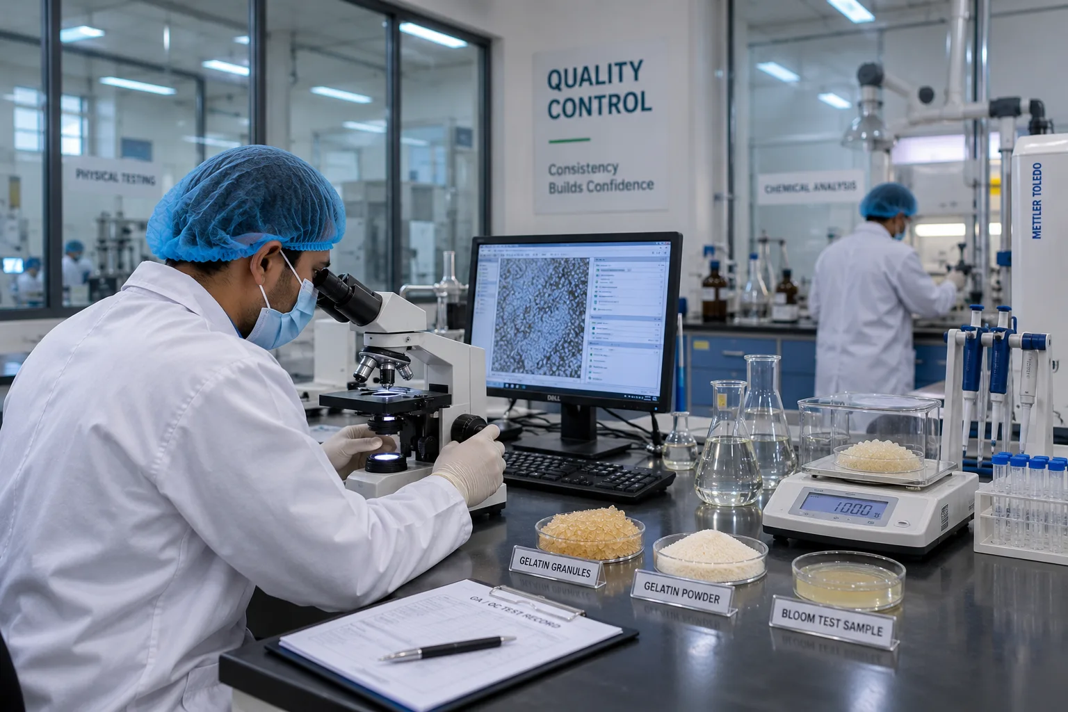 A technician in a hairnet and mask at a microscope in the quality-control laboratory, beside labelled dishes of gelatin granules, gelatin powder and a bloom test sample.
